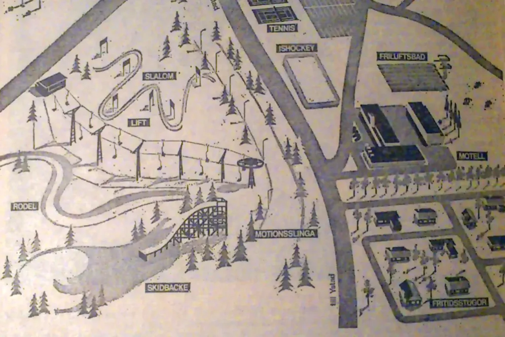 Tidningsklipp med illustration över hur en skidbacke med lift, backhoppningstorn och rodelbana skulle byggas i Brösarp väster om väg 19 på 1970-talet.