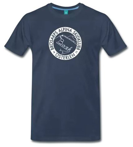 Navyblå t-shirt med Brösarps Alpina Skidklubbs logo i vitt på bröstet.